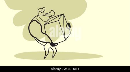 Starke Kurier mit schweren Karton professional muskulösen Mann Lader fleißige Prozess Delivery Service Konzept Skizze doodle horizontal Stock Vektor