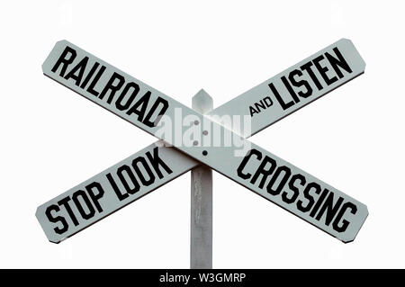 Klassische Bahnübergang stoppen Sie, schauen Sie und hören Sie Vorsicht Warnschild Stockfoto
