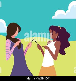 Zwei Frauen mit Smartphone sprechen Vector Illustration Stock Vektor