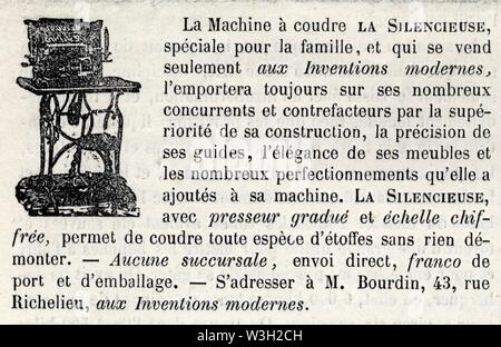 Publicité ancienne. 1871. La Machine à coudre La Silencieuse Stockfoto