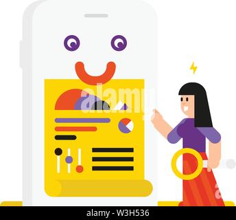 Der Manager, der Analytiker einer Site im Cartoon Stil gezeichnet. Isoliertes Objekt auf weißem Hintergrund. Entwickler und Ihr Produkt in das Telefon. Die App Stock Vektor