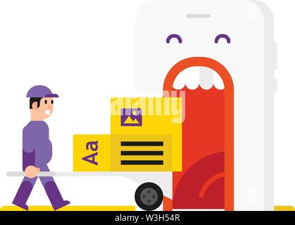 Site Administrator im Cartoon Stil gemalt. Isoliertes Objekt auf weißem Hintergrund. Entwickler und Ihr Produkt in das Telefon. Die Anwendung für die p Stock Vektor