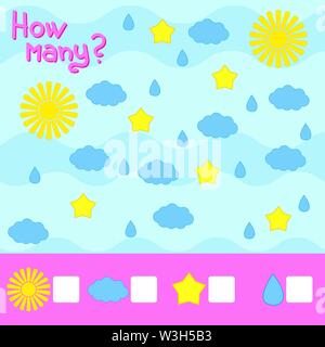 Zählen Spiel für Kinder im Vorschulalter. Das Studium der Mathematik. Wie viel. Die Sonne, eine Wolke, ein Star, ein Regentropfen. Mit einem Platz für Antworten. Einfache f Stock Vektor