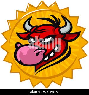 Cartoon Kopf eines Stiers. Vector Illustration eines Maskottchen Kopf. Emblem für den Druck. Eine gehörnte Niedliche Tier. Das Bild ist auf weißem Hintergrund. Stock Vektor