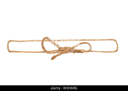 Nahaufnahme der Rahmen von Garn- Knoten oder Knoten mit Bogen auf einem weißen Hintergrund. Dekoration Hintergrund. Stockfoto