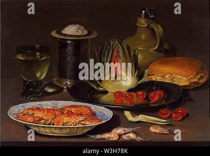 Clara Peeters. Bodegon con alcachofa, cangrejos y cerezas, c 1618. Öl an Bord. Stockfoto