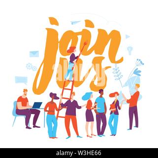 Vektor job cocept Abbildung mit Menschen. Join us-Schriftzug. Stock Vektor