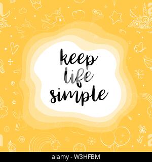 Cute Vector Einhörner und Rainbow doodle nahtlose Muster. Motivierende und inspirierende Zitat leben einfach halten. Tuschezeichnung mit Herzen, Sterne und Stock Vektor