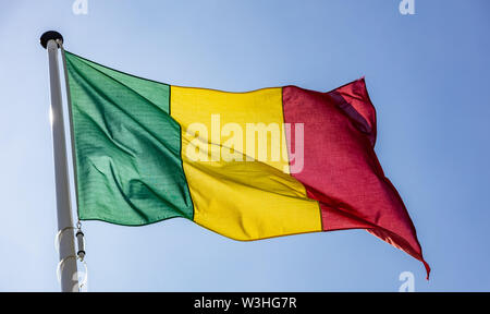 Flagge Mali, Mali nationales Symbol winken gegen den klaren blauen Himmel, sonnigen Tag Stockfoto