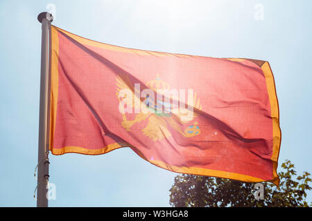 Montenegro Flagge, Montenegro nationale Symbol winken gegen den klaren blauen Himmel, sonnigen Tag Stockfoto