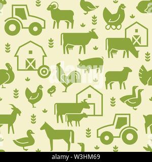 Die nahtlose Vektor Muster von Nutztieren, Gebäuden, Einrichtungen und anderen Elementen in Grün. Stock Vektor