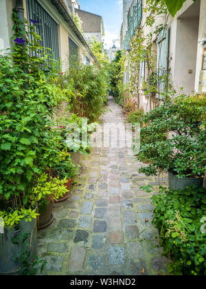 Töpfe pflanzen in einem kleinen gepflasterten Sackgasse in Paris, Frankreich Stockfoto