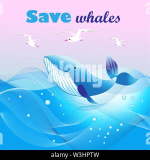 Schöne Vektor ökologische Plakat mit einem Wal in der Meer und Möwen. Für Werbung, Wale und das Meer, die Natur zu schützen. Stock Vektor