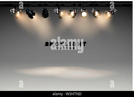 Strahler mit hellen, weißen Licht Bühne Vektor einrichten. Beleuchtete Wirkung vom Projektor, Abbildung: Projektor für Studio Beleuchtung eps Stock Vektor