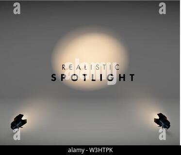 Spotlight in Stock 3d realistische Licht in der Farbe schwarz. Jahrgang. Llustration der Projektor für Studio. video. Vector Hintergrund. Eps 10 Stufe Stock Vektor