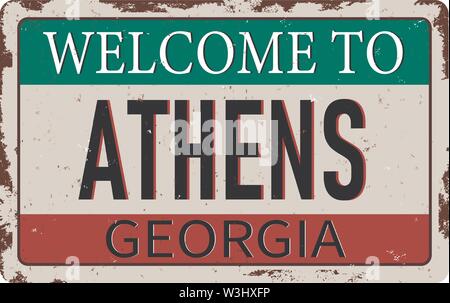 Nach Athen Georgia vintage rostiges Metall Zeichen auf weißem Hintergrund Willkommen, Vector Illustration Stock Vektor