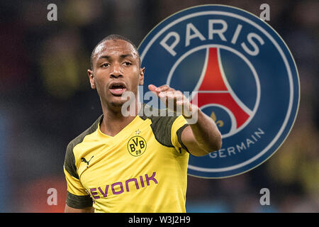 Leverkusen, Deutschland. 16. Juli, 2019. Foto Montage: Abdou DIALLO (DO) verbindet Paris St. Germain (PSG). Bild: Abdou DIALLO (TUN), Geste, Gestik, Fußball 1. Fussballbundesliga, 6. Spieltag, Bayer 04 Leverkusen (LEV) - Borussia Dortmund (DO) 2:4, am 29.09.2018 in Leverkusen/Deutschland. ##DFL-Bestimmungen verbieten die Verwendung von Fotografien als Bildsequenzen und/oder quasi-Video## € | Nutzung der weltweiten Kredit: dpa/Alamy leben Nachrichten Stockfoto