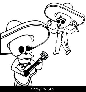 Skelette Musiker mit Gitarre maracas Viva Mexico Stock Vektor