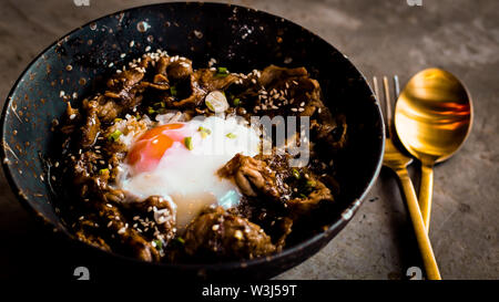 Hühnchen mit Reis, Zwiebeln und Brokkoli auf dem Tisch. Horizontale Ansicht von oben. Japanisches essen Reis serviert mit Huhn in Teriyaki-sauce und Ei Stockfoto