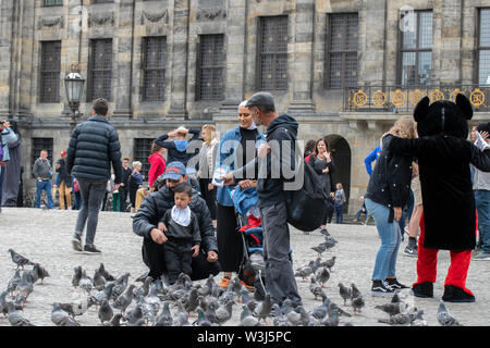 Touristen füttern Tauben in Amsterdam Die Niederlande 2019 Stockfoto