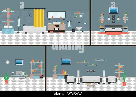 Innenraum Büro, Schlafzimmer, Bad, Wohn roomin High-Tech-Stil einen vollständigen Satz von Möbel und Dekorationen Stock Vektor