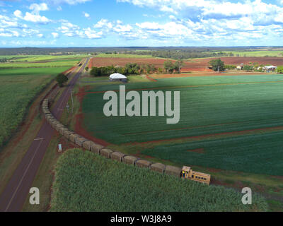 Antenne von Zuckerrohr Zug schleppen frisches Zuckerrohr zu den Isis Zentrale Mühle in der Nähe Childers Queensland Australien Stockfoto