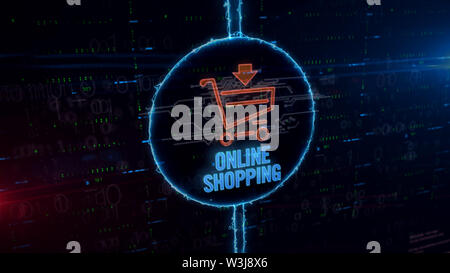 Auf Symbol Warenkorb Hologramm in dynamischen Kreis auf digitalen Hintergrund. Modernes Konzept der on-line-Verkäufe, Internet Business, Network Marketing und e-comm Stockfoto