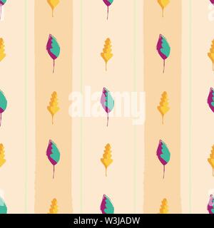 Modern Vintage Hand gezeichnet Mischung aus Gold und Purpur teal verlässt. Die nahtlose Vektor Muster auf breit gestreifte Pfirsich farbigen Hintergrund. Toll für Wellness Stock Vektor