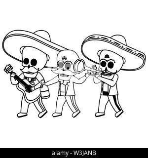 Skelette Musiker mit Gitarre maraca und Tequila Viva Mexico Stock Vektor