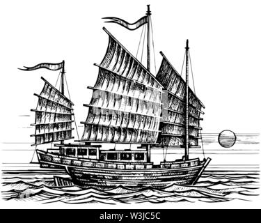 Junk chinesische Boot Skizze Stock Vektor