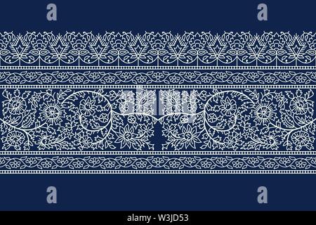 Holzschnitt gedruckt Indigo dye Nahtlose floral ethnische Grenze. Traditionelle orientalische Ornament von Indien, Flower Garland Motiv, ecru auf marine blau hintergrund Stock Vektor