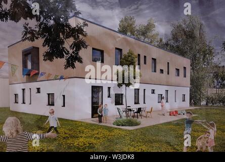 16 Juli 2019, Sachsen-Anhalt, Halle: Eine Grafik zeigt die Zukunft Schutzhaus Matthisburg. Die pädagogisch-diagnostische Home Die Stiftung "Ein Platz für Kinder' kümmert sich um traumatisierte Kinder und wird im Dezember 2019 eröffnet werden. Foto: Sebastian Willnow/dpa-Zentralbild/ZB Stockfoto