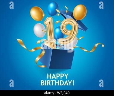 Happy Birthday Banner mit Geschenkbox, Luftballons, gold Bänder Stock Vektor