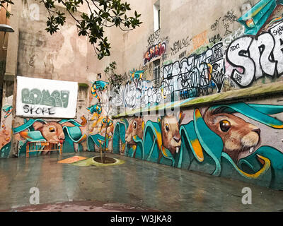 Graffiti an der Wand auf einem kleinen Platz, im Zentrum von Barcelona, im Gotischen Viertel Stockfoto