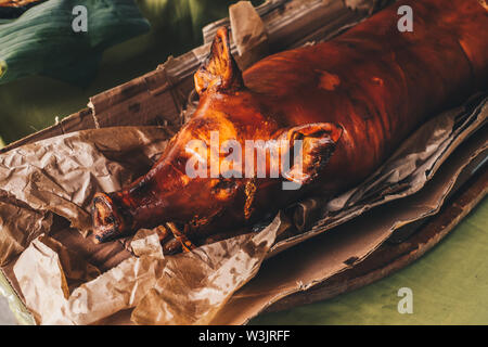 Kopf geschossen des neu gelieferten und ausgepackte aller Zeiten, dem beliebten knusprig gebraten Schwein oder Lechon Baboy häufig während der Fiesta in der serviert. Stockfoto