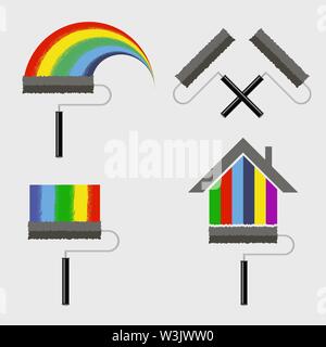 Bürstenrolle Icon Set isoliert auf weißem Hintergrund. Maler Firmenlogo. Renovierung und Reparatur Service Konzept. Stock Vektor