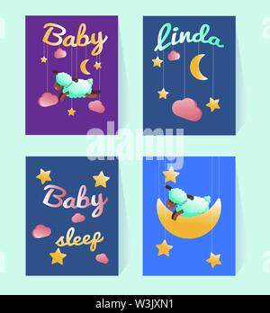 Vorlage baby dusche. Postkarten mit einem Schaf, Mond, Sterne, rosa Wolken. Mustertext. Dekoration Kinderzimmer. Partei ein. Grüne sleepy Lamm. Poster für die Wand Dekor. cartoon Charakter. Für den Druck, für Scrapbooking. Sanfte Vector Illustration Stock Vektor