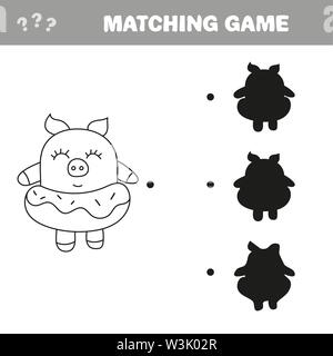 Lustige Schwein mit Donut. Malbuch zeichnen und die korrekte Schatten Spiel wählen Stock Vektor