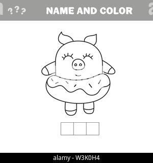 Lustige Schwein mit Donut. Malbuch zeichnen Stock Vektor