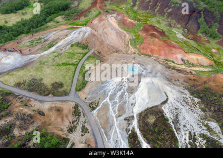 Luftaufnahme von Geysir Geysir, Golden Circle, Island Stockfoto