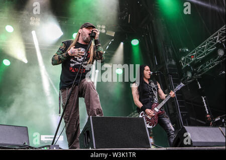 Kvinesdal, Norwegen - Juli 12., 2019. Die US-amerikanische Rockband Boden führt ein Live Konzert während der norwegischen Musik Festival Norwegen Rock Festival 2019. Hier Sänger Ryan McCombs gesehen live auf der Bühne. (Foto: Gonzales Foto - synne Nilsson). Stockfoto