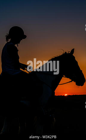 Bulgarien Juli 2019: Reiten in der saker Berge für die Saka Falcon bei Sonnenuntergang eine der am meisten bedrohten Greifvögel in Europa suchen. Clifford Norton Alamy Stockfoto