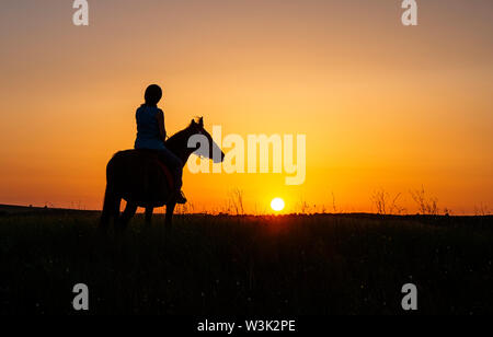 Bulgarien Juli 2019: Reiten in der saker Berge für die Saka Falcon bei Sonnenuntergang eine der am meisten bedrohten Greifvögel in Europa suchen. Clifford Norton Alamy Stockfoto