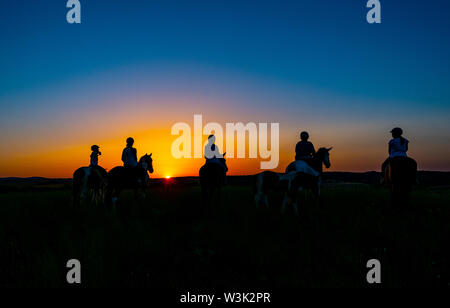 Bulgarien Juli 2019: Reiten in der saker Berge für die Saka Falcon bei Sonnenuntergang eine der am meisten bedrohten Greifvögel in Europa suchen. Clifford Norton Alamy Stockfoto