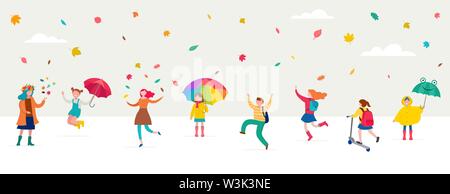Herbst, Herbst Szene mit verschiedenen nette Menschen, Familien und Kinder Spaß haben, spielen mit Herbstlaub und Springen mit Sonnenschirmen. Masse von winzigen Stock Vektor