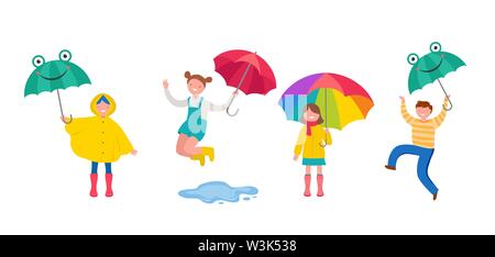 Herbst, Herbst Szene mit verschiedenen nette Menschen, Familien und Kinder Spaß haben, spielen mit Herbstlaub und Springen mit Sonnenschirmen. Masse von winzigen Stock Vektor