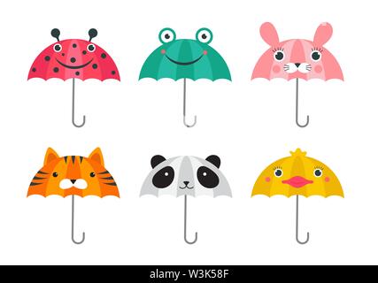Sammlung von verschiedenen niedlichen Regenschirme mit Tieren Gesichter Design. Panda, Frosch, Marienkäfer, Tiger und chick lustige Gesichter. Bunte vektor Illustration in mod Stock Vektor