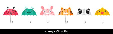 Sammlung von verschiedenen niedlichen Regenschirme mit Tieren Gesichter Design. Panda, Frosch, Marienkäfer, Tiger und chick lustige Gesichter. Bunte vektor Illustration in mod Stock Vektor