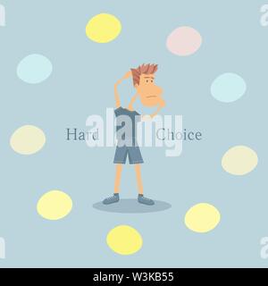 Vector Illustration mit einem jungen Mann, der harte Entscheidung. Flat Style Abbildung Stock Vektor