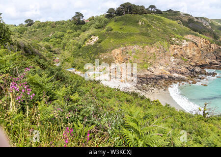 Auf der Suche nach unten von der Küste weg auf Petit Bot Bay auf der schönen robusten Südküste von Guernsey, Kanalinseln, Großbritannien Stockfoto